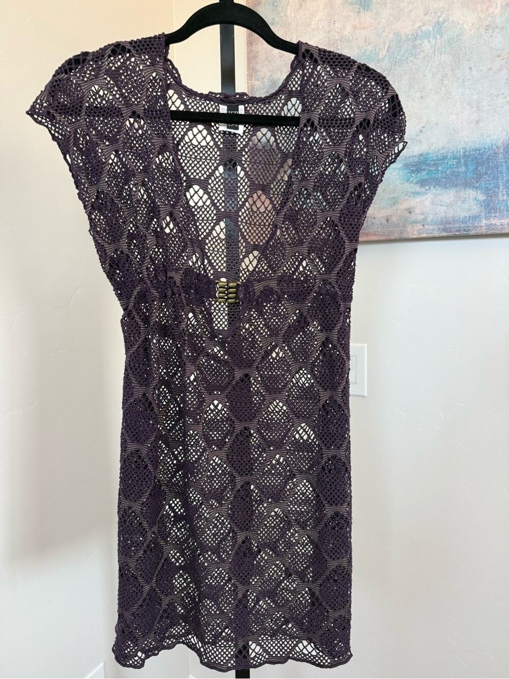 BECCA Crochet Swim Cover Up Dress Plum Purple Gold Metallic XS S Beach Resort